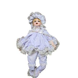 Vintage Broadway Collection 18" Porcelain Doll In Purple Lace Dress & Bonnet